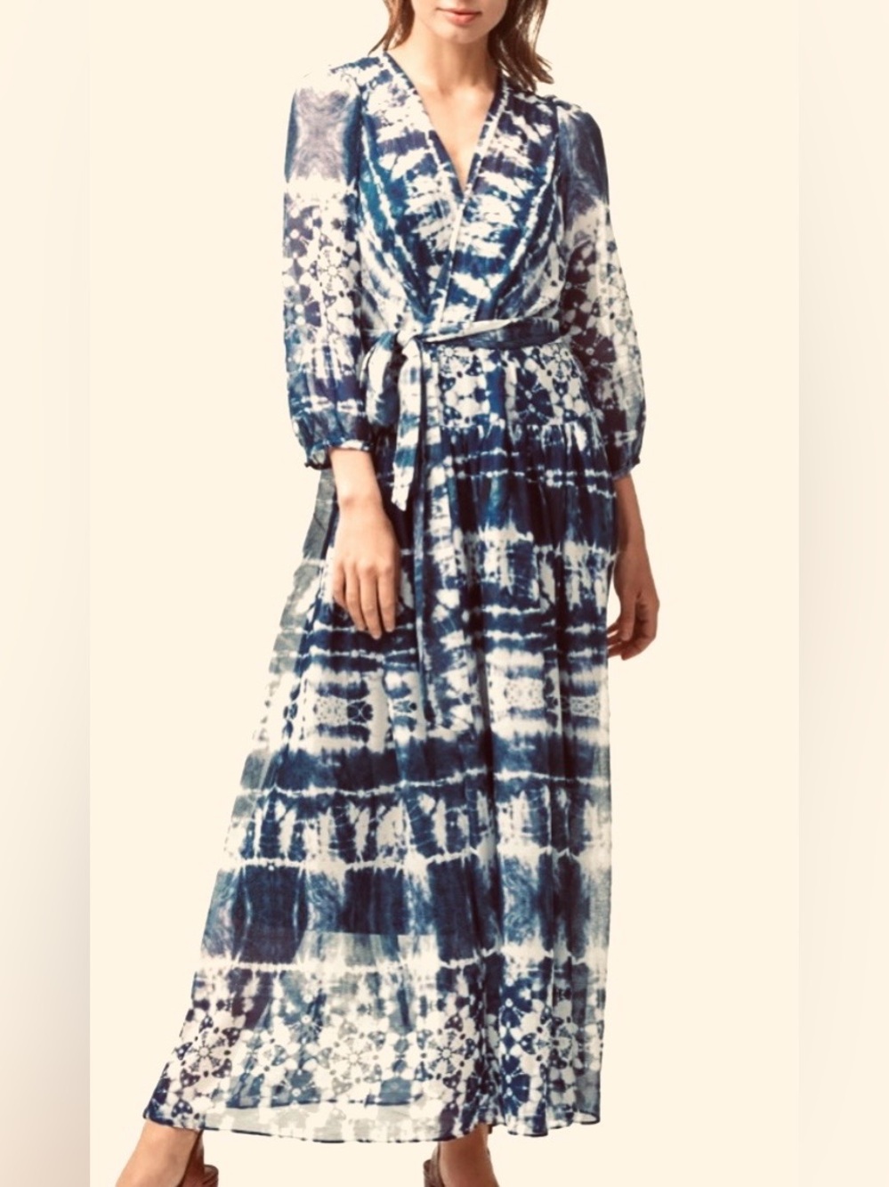 Calvin Klein Tie-Dye Navy and White Wrap Maxi Dress, NWT.